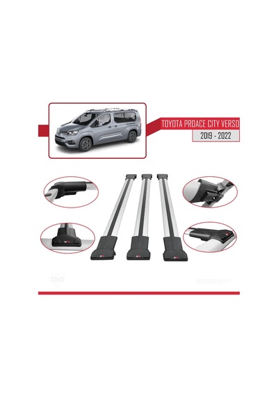 Toyota Proace City Verso 2019-2022 Arası İle Uyumlu Fly Model Ara Atkı Tavan Barı Gri 3 Adet Bar