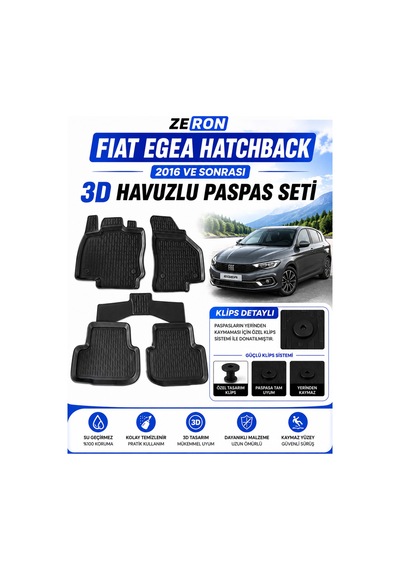 Egea Hatchback 2016 Ve Sonrası 3d Havuzlu Paspas Seti Su Geçirmez Kaymaz Siyah 5 Parça
