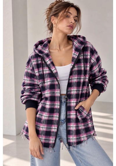 Bb Butik Basic Kapüşonlu Fermuarlı Oversize Ekose Oduncu Gömlek Ceket Kadın Rahat Mevsimlik Günlük Tr0935 Fuşya