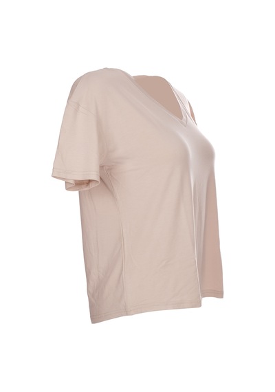 Ysatis V Yaka Oversize Minimalist Kadın Bluz - Kısa Kol - Günlük Bej