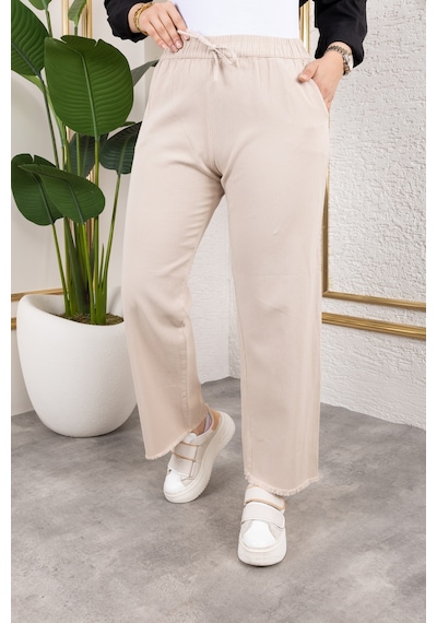 Nevayla Moda Beli Lastikli Keten Pantolon - Bej / A0104 Bej
