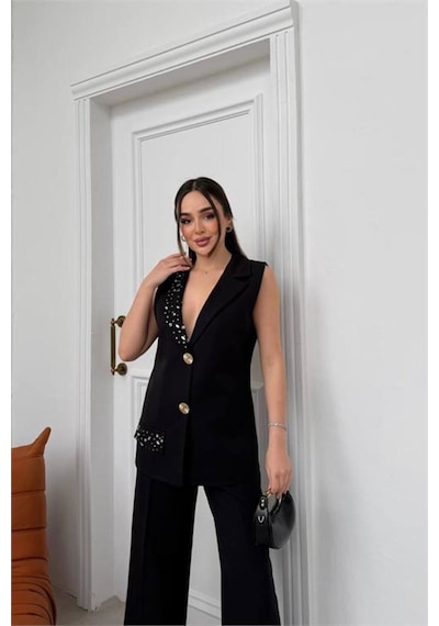 Neşeli Butik Kadın Siyah Taş İşlemeli Düğme Detaylı Kolsuz Blazer Ceket Pantolon Takım Nbstr1030 Neşeli Butik Kadın Siyah Taş İşlemeli Düğme Detaylı Kolsuz Blazer Ceket Pantolon Takım Nbstr1030