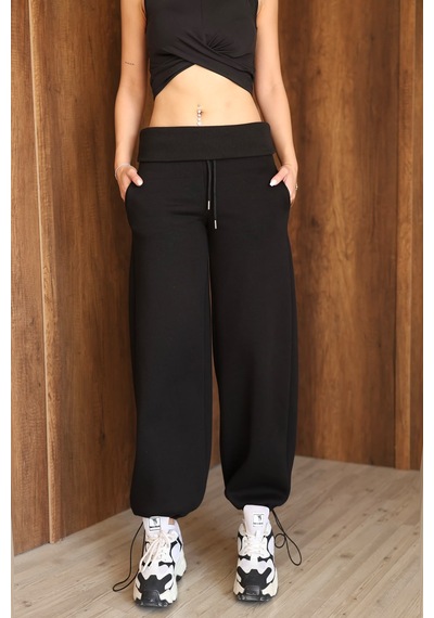Ozy Fashion Kadın Beli Katlamalı Lastikli Bol Paça Stoper Detaylı 3 İplik Kışlık Eşofman Altı Siyah Ozy Fashion Kadın Beli Katlamalı Lastikli Bol Paça Stoper Detaylı 3 İplik Kışlık Eşofman Altı Siyah