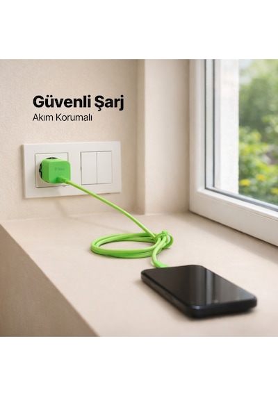 Ttec Smartcharger Gan 45W Avs PD Seyahat Hızlı Şarj Aleti + USB-C - USB-C 3A 120 CM Kablo Neon Yeşil