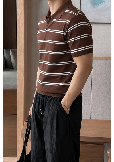 Tarz Cool Erkek Çizgili Polo Yaka Viskon Triko Tişört Slim Fit Yazlık Şık Triko Polo Kahverengi