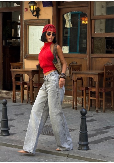 Meecy Kadın Gri Yüksek Bel Wide Leg Bol Paça Jean Pantolon Gri Gri