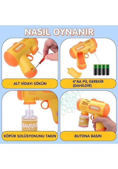 Pilli Işıklı Köpük Tabancası Baloncuk Tabancası Piller ve Baloncuk Likidi Hediyeli