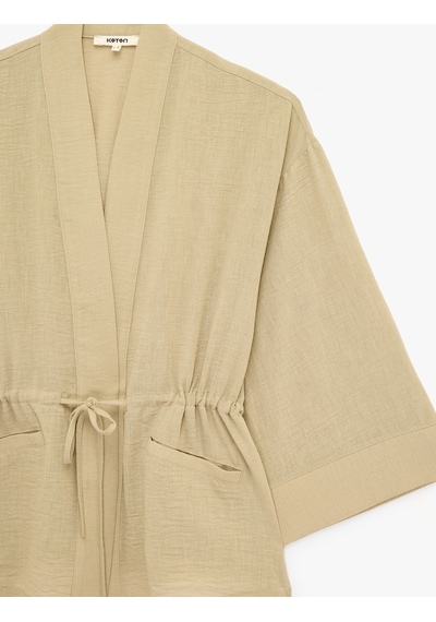 Koton Geniş Uzun Kollu Cepli Beli Bağcıklı Oversize Kimono Ceket Vizon 6sak50080pw
