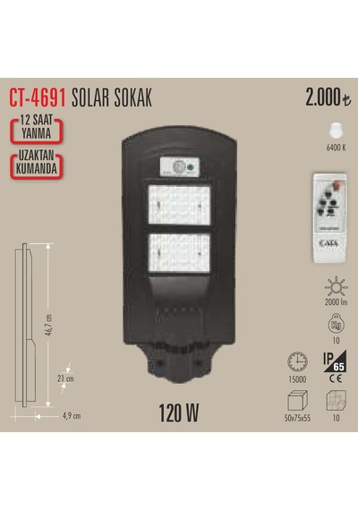 Ct-4691 120w Solar Led Projetör 1 Adet Beyaz Işık