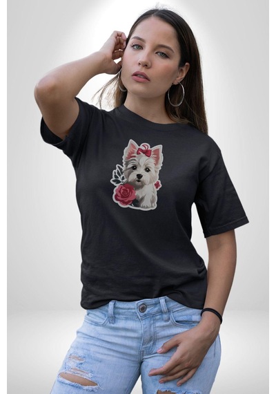 Siyah Highland Teriyeri Kırmızı Gül Unisex Unisex Siyah Organik Baskılı T-shirt Penye Yüksek Kalite Siyah