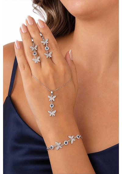 Gümüş Pazarım Safir Taşlı Kelebek Motifli Gümüş Set 83007562