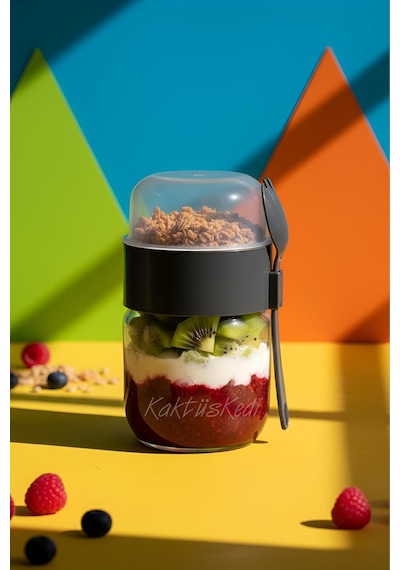 Kaşıklı Çatallı Cam Öğün Bardağı - Yemek Taşıma Ve Saklama Kabı - Müsli Kabı 625 Ml Antrasit, 7 Diğer