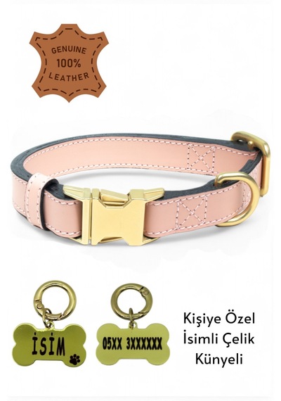 Hakiki Deri Köpek Boyun Tasması, Kişiye Özel Künyeli Lux Seri Pd Açık Pembe