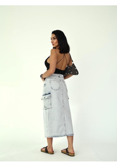 Zeo Basic Kargo Cep Detaylı Yırtmaçlı Maxi Denim Etek Mavi