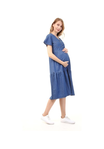 Luvmabelly Myra5025 - Hamile Elbisesi Kot Düğmeli Ve Cepli - Mavi-mavi