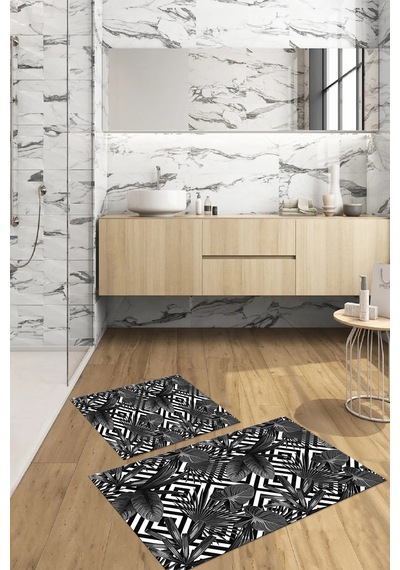Buççin Online Mağaza Dijital Baskılı Yıkanabilir Klasik Çiçek Desenli Banyo Paspası Klozet Takımı Polyester Gri Çok Renkli