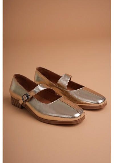 Analin Shoes Kadın Hakiki Deri Toka Detaylı Babet Altın