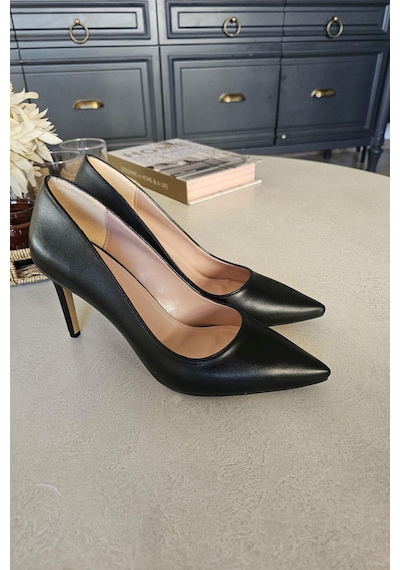 036 150 Topukla Kadın İnce Topuk Stiletto Siyah Deri
