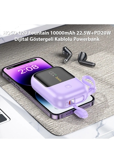 Hoco Q20 Fountain 10000mah 22.5w+pd20w Dijital Göstergeli Kablolu Powerbank Mor Mor
