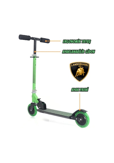 Lamborgini L6-120 Katlanabilir 2 Tekerlekli Çocuk Scooter 50kg Kapasite 3+ Yaş Yeşil
