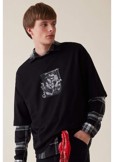 DeFacto Siyah Loose Fit Bisiklet Yaka Çiçek Baskılı Ağır Kumaş Kısa Kollu Tişört C7056AX24AUBK81