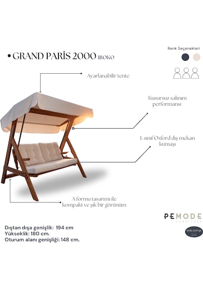 Aidaswings Grand Paris 2000 Iroko Üç Kişilik Ahşap Bahçe Salıncağı - Krem