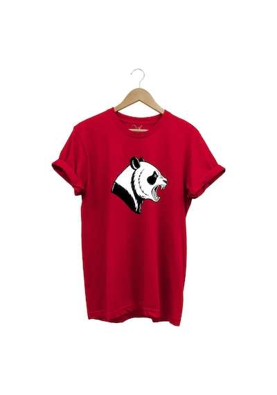 Kızgın Kükreyen Panda Baskılı %100 Pamuk Bisiklet Yaka Regular Fit Kırmızı T-shirt Kırmızı