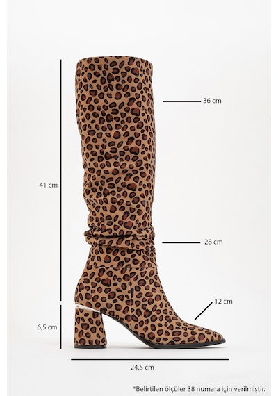 Luvishoes Luvi Shoes 120 Siyah Sarı Desenli Körüklü Kadın Kalın Topuklu Çizme Leopar