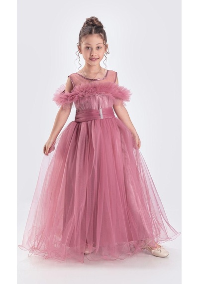 Mnk Baby & Kids Uzun Etek Kız Çocuk Robası Şifon Abiye M00723 Pembe