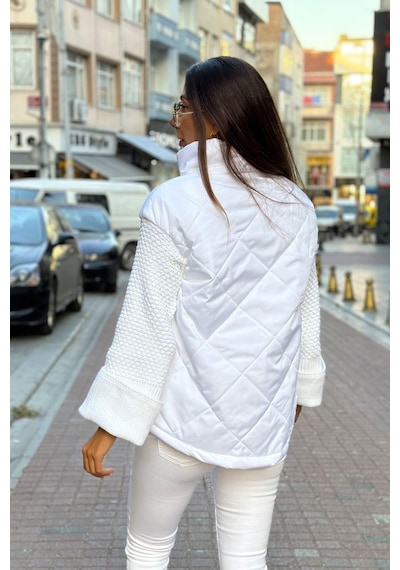 Keyifli Moda Kadın Beyaz Dik Yaka Kolları Triko Cepleri Fermuarlı Şişme Mont - 36 Beyaz