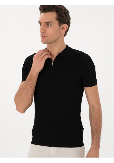 Siyah Slim Fit Fermuarlı Polo Yaka Triko T-shirt