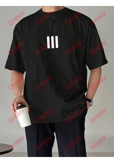 Flood Of Style 3 Çizgi Baskılı Beyaz Erkek Tshirt Siyah