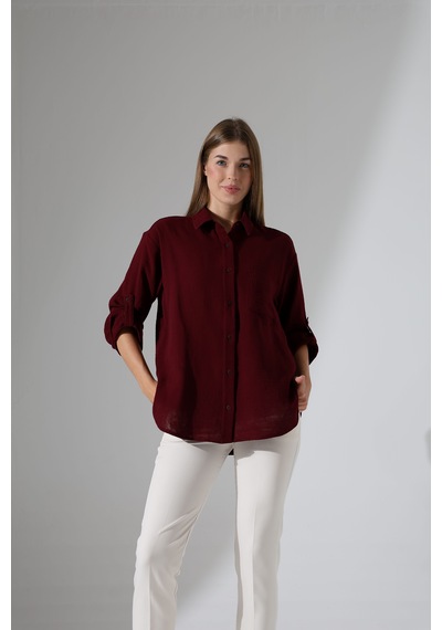 Oversize Basic Müslin Gömlek Bordo