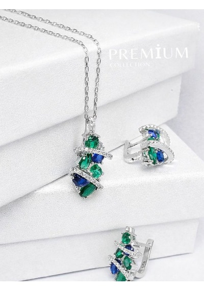Brezza Lusso Jewelry Zümrüt Oval Taşlı Luxury Kadın Gümüş Kolye Küpe Set