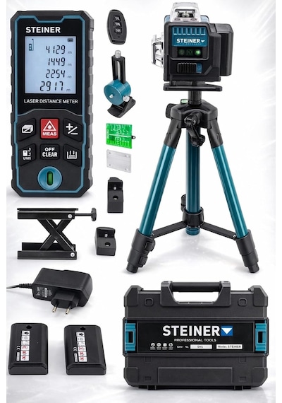 Profesyonel 12 Köşe Yeşil Çizgi Lazer Otomatik Hizalama Çantalı + 50mt Lazer Metre + Tripod