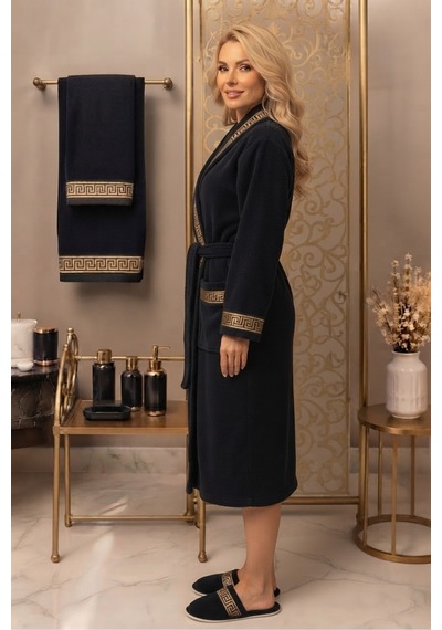 Premium %100 Pamuk Unisex Şalyaka Cepli Bornoz Seti 4 Parça Havlu Terlik Takımı Siyah Siyah