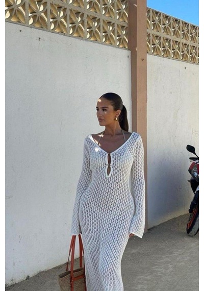 De Pose Positano İnci Bağlama Detay Ekru Maxi Boy Ajurlu/delikli Pamuk Yazlık Elbise
