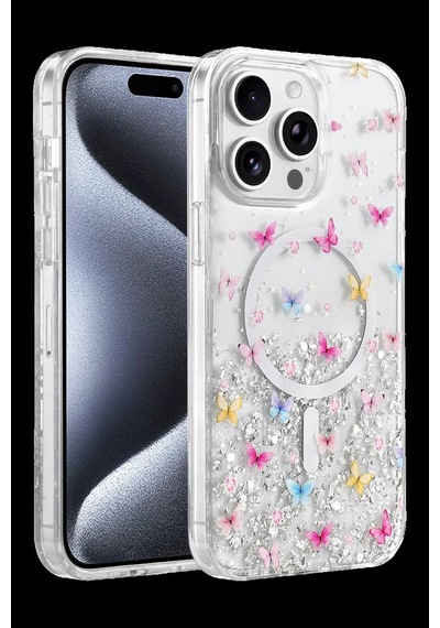 Onegif Apple İphone 15 Pro Max Uyumlu Misk Simli Magsafe Kapak - Desen 4