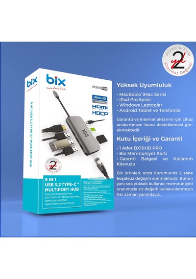 Bx10hb Pro 8in1 Usb C Hub 4k 60hz Hdcp Hdmı, 1gbps Rj45, 3x Usb 3.2, 100w Pd Port Macbook Uyumlu Dönüştürücü
