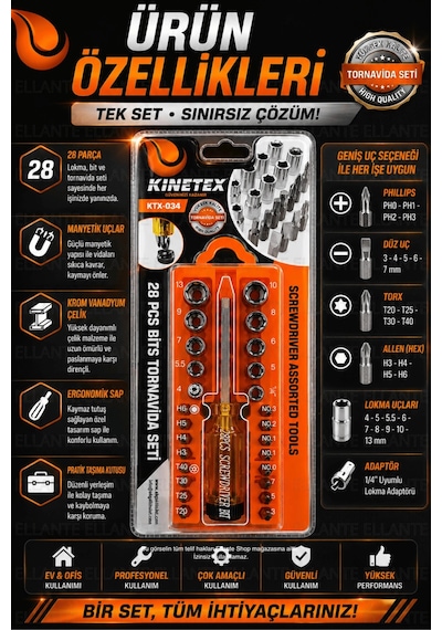 Kinetex 28 Parça Tornavida Ve Lokma Seti Manyetik Bit Uçlu Çok Amaçlı Tamir Seti Ktx-034
