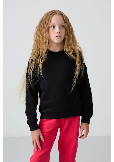 Tommy Life Siyah Pamuklu İçi Tüylü Yumuşak Dokulu Oversize Nakışlı Kız Çocuk Sweatshirt - 75150 Siyah