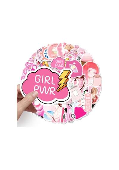 50 Adet Tekrarsız Pembe Karışık Kalite Pvc Sticker 08