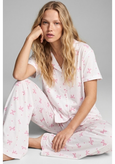 Siyah İnci İnce Soft Örme Mevsimlik Düğmeli Pijama Takımı 8002 Pembe Fiyonk