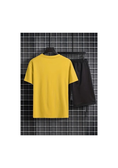 Erkek Sarı''los Angeles Baskılı'' Basic Oversize T-shirt- Şort Takım Strup0000000000015