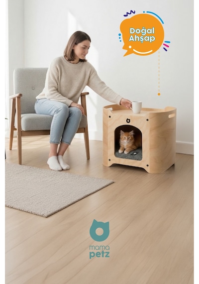 Mamapetz - Ahşap Kedi Ve Küçük Irk Köpek Kulübe Ve Yatağı Luta Large - Doğal Ahşap