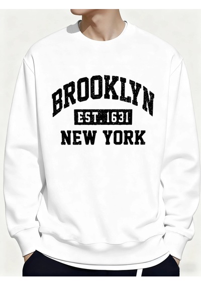 Startmore Tarzsokak Brooklyn New York City Baskılar Kışlık Günlük Kapüşonlu Üst Erkek Polar Günlük Kazak Temeller Beyaz