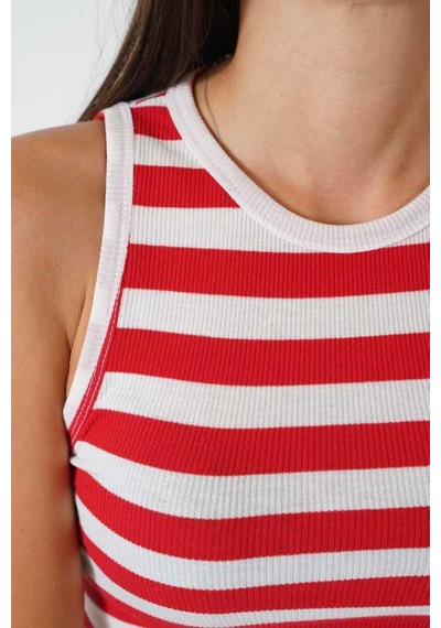 Ckm Moda Adrian Yüksek Kalite Kadın Yuvarlak Yaka Çizgili Crop Bluz Kırmızı