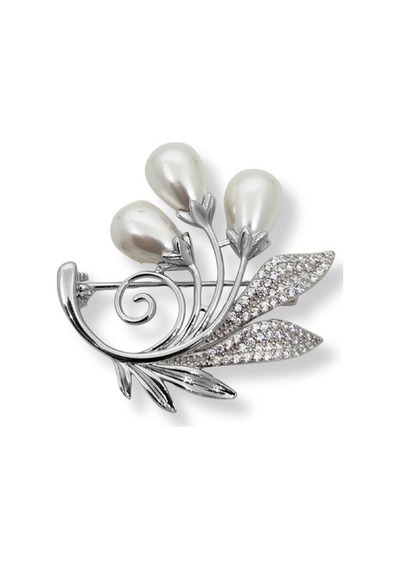 Oya Silver İnci Tomurcuğu Yaprak Gümüş Broş 3.8x3.5 Cm Oya-wc842
