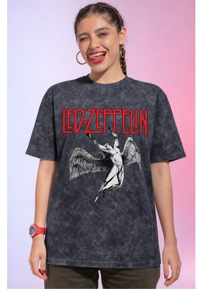 Sevbano Led Zeppelin Rock Metal Müzik Grubu Baskılı Unisex Oversize Vinta Siyah