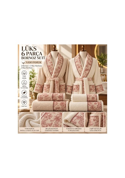 Slc Home %100 Pamuk Aile Bornoz Seti 6 Parça Lüx Tasarım Pembe - 939983396 Pembe